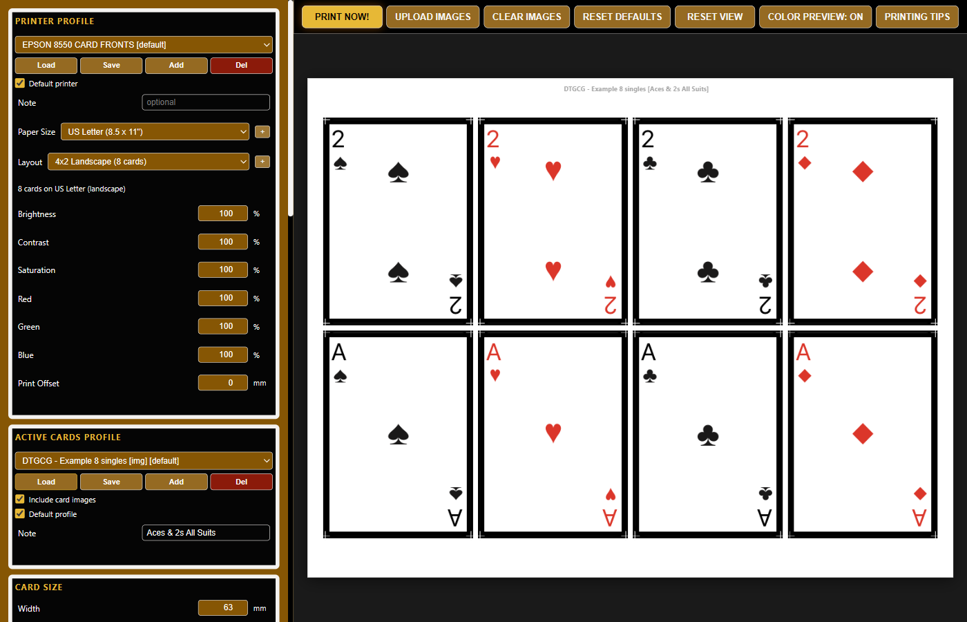 DTG:CG main interface showing 8 playing cards in 4x2 landscape layout
