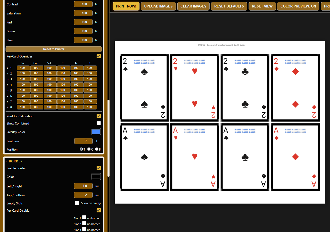 Per-card color controls and calibration overlay