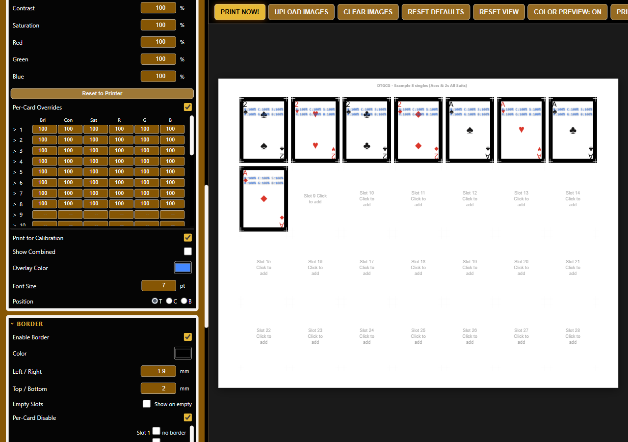 7x4 calibration layout with 28 small cards
