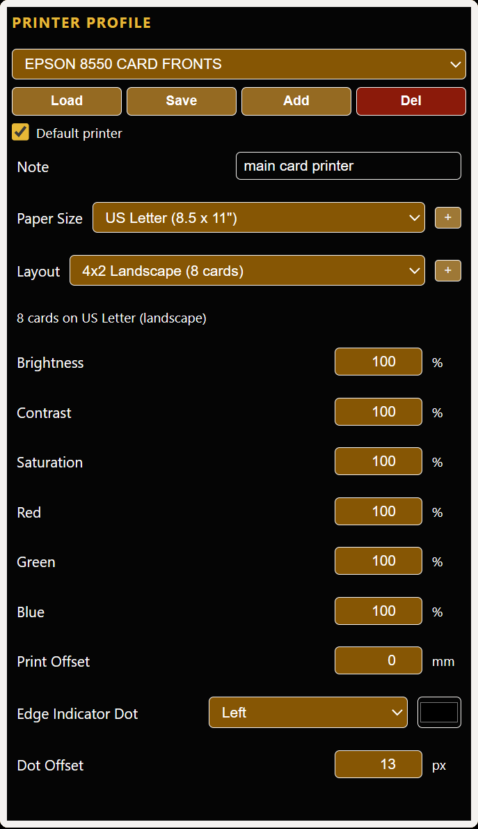 Printer Profile settings panel
