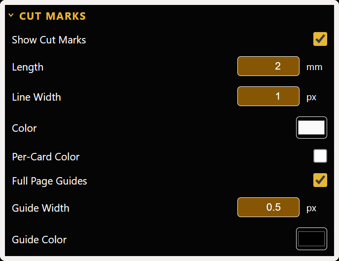 Cut Marks settings panel