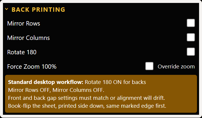 Back Printing settings panel